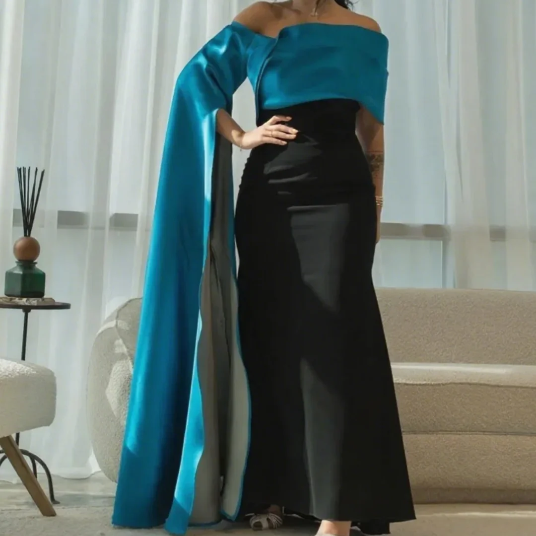 

Mermaid Boat Neck Pleated Prom Dress Classy Long Black&Blue Satin Evening Dresses Floor Length for Women Customized