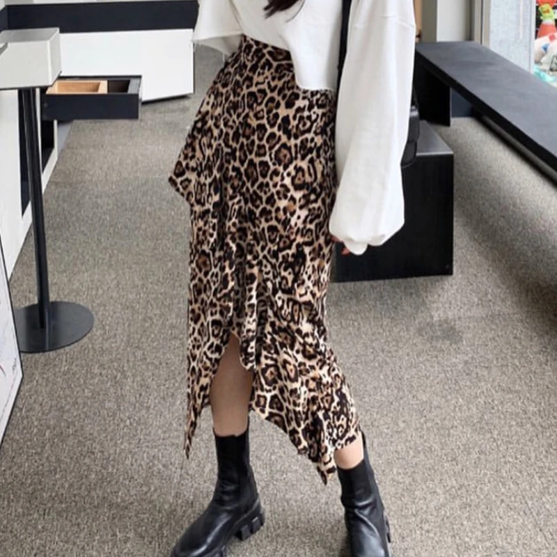 

Spring Vintage High Waist Slimming Leopard Print Asymmetrical Long f Skirt Chic Women's Faion High Waist Long Skirt