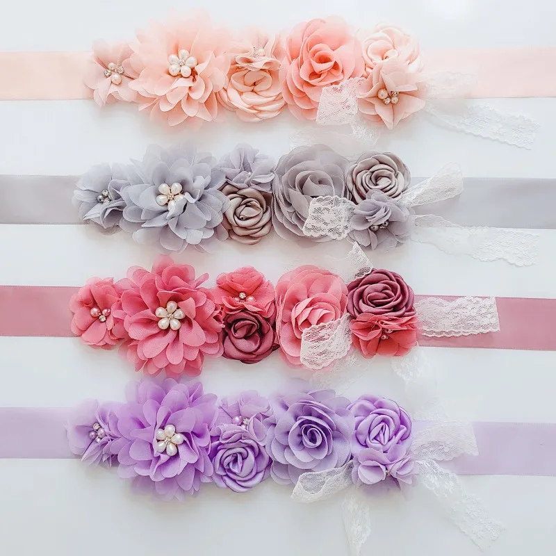 Girls Floral Satin Belt with Lace Pearls Kids Wedding Flower Girl Waist Sash for Party Dress Up Toddler Dress Accessory XW204
