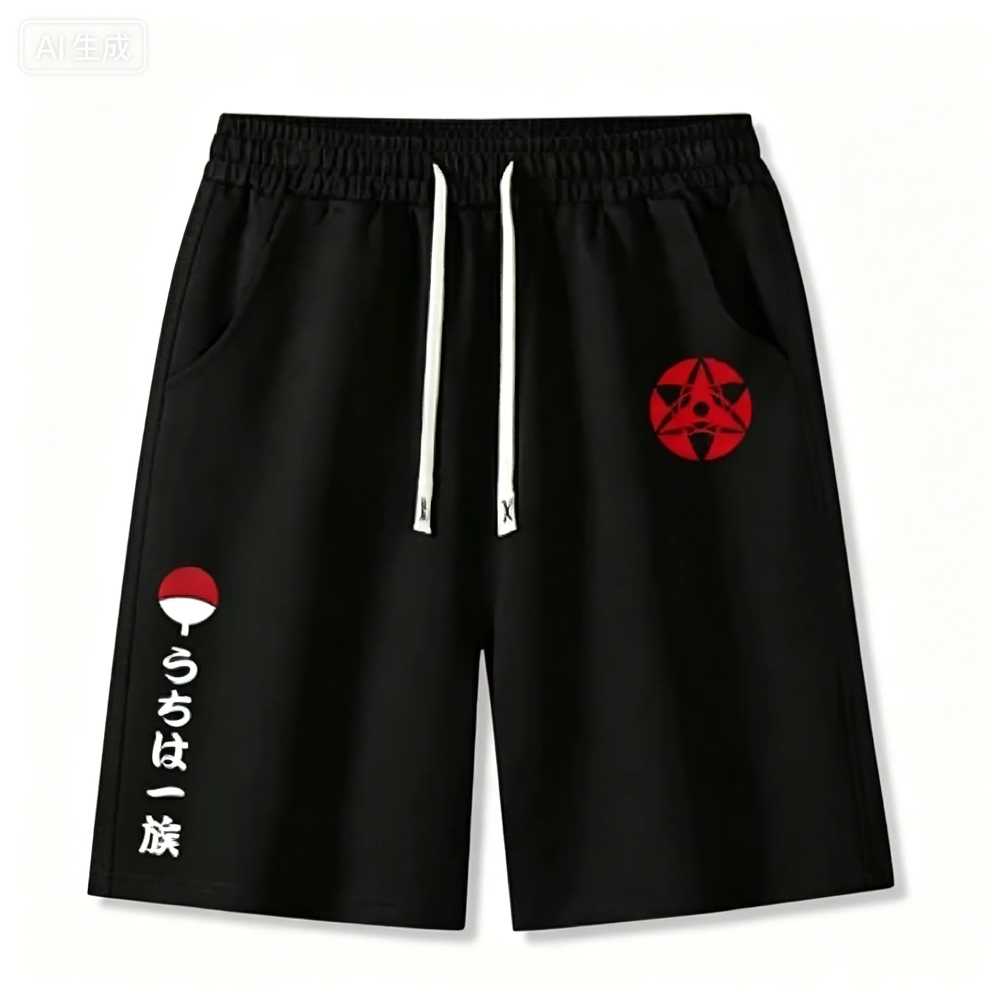 Pantalones Cortos Naruto 2026 para Hombre, Diseño Anime con Símbolo del Clan Uchiha, Cintura Elástica con Cordón, Estilo Holgado, Ropa Urbana de Verano con Texto Japonés