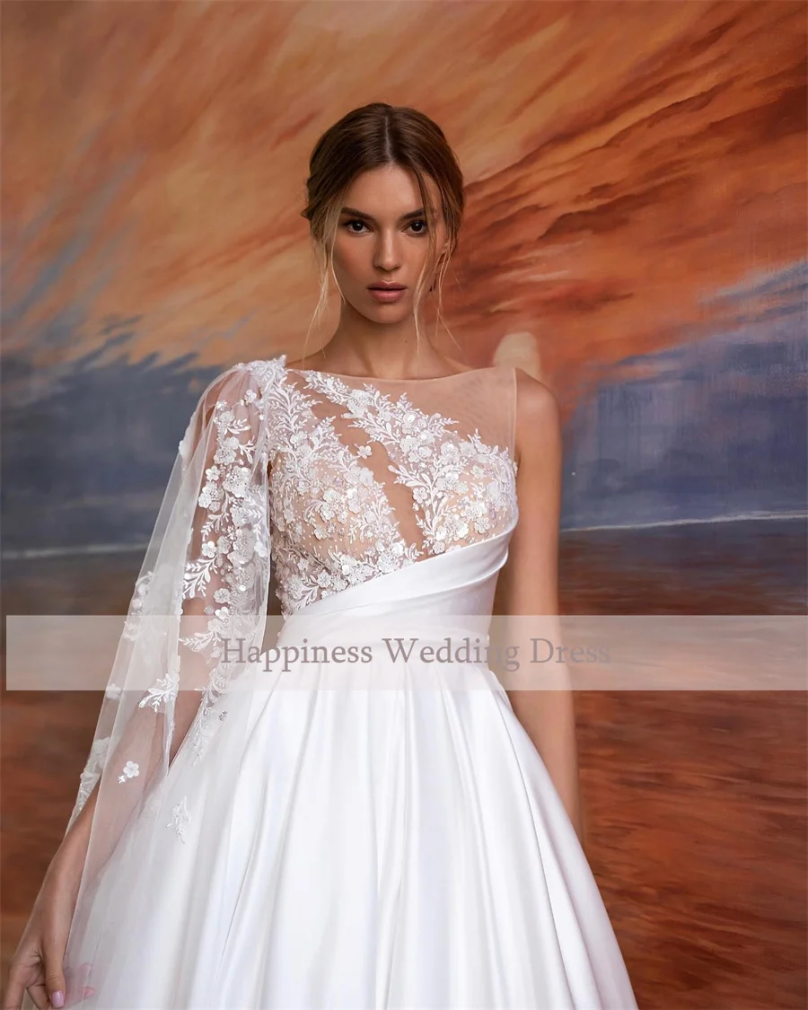 Индивидуальные кружевные аппликации с круглым вырезом, атласная юбка с короткими рукавами и карманами, свадебные платья с открытой спиной и боковой молнией, свадебные платья