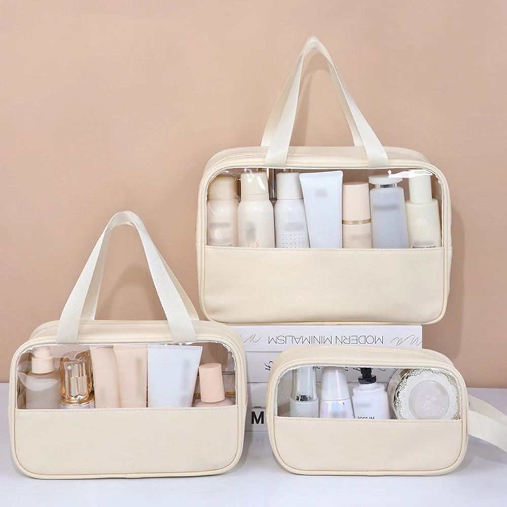 New Summer Beige Transparent Waterproof Makeup Bag Travel Wash Storage Bag Portable Fitness Swimming Handbag PVC