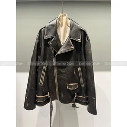 Premium sense of temperament biker style loose diagonal zip belt decorated leather jacket women's