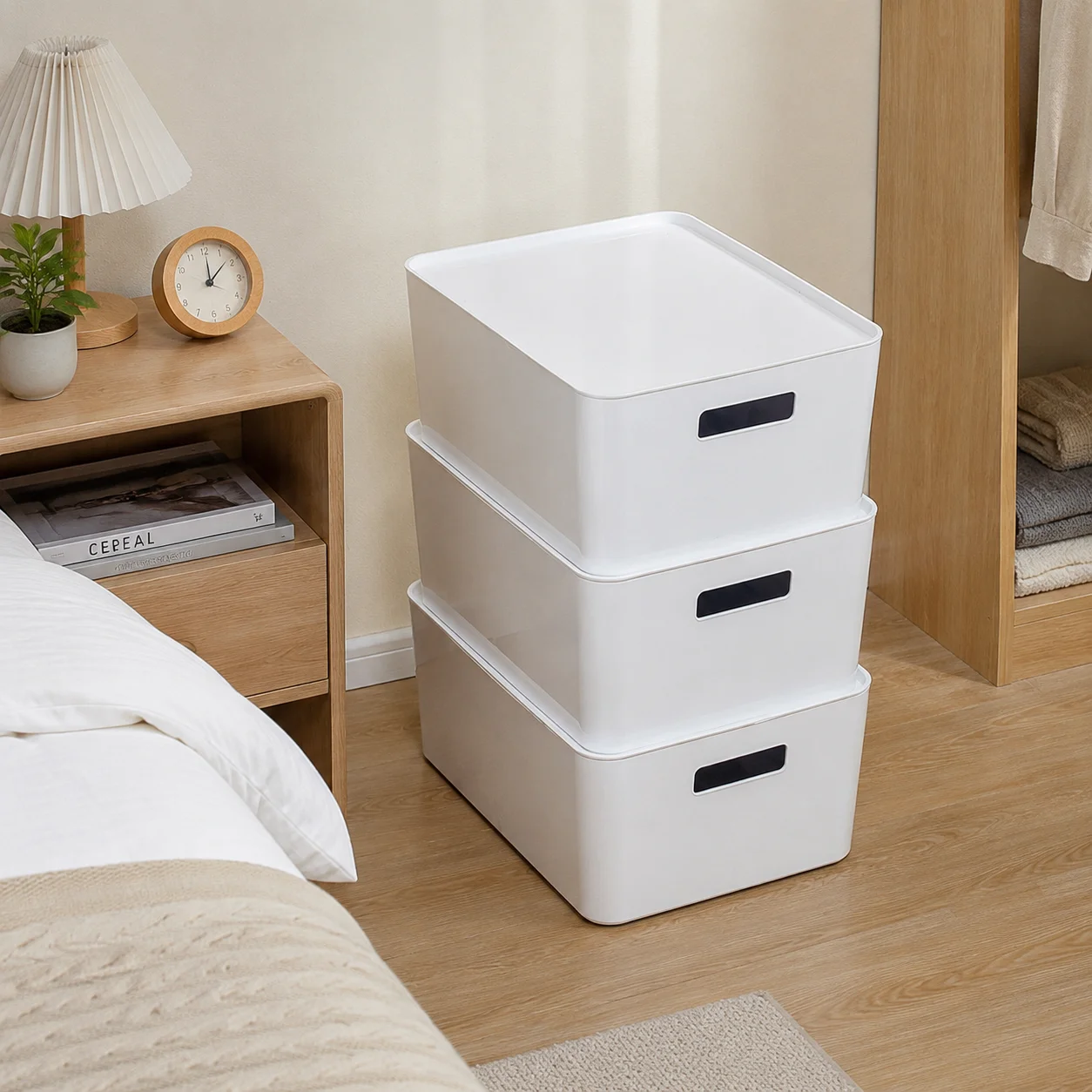 Stackable White Plastic Storage Bins with Removable Lids and Built-In Cutout Side Handles, Smooth Rounded Corner Dustproof Organizer Boxes for Bedroom Closets, Kitchen Cabinets and Bathroom Vanities - view 8