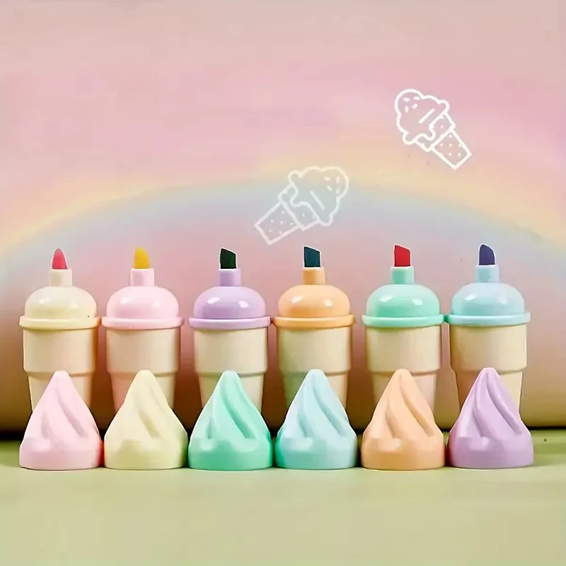 

6PCS Novelty Ice Cream Highlighter Set – Pastel Neon Shades, Glides Smoothly, Great for Bullet Journals,Planners&Classroom Notes