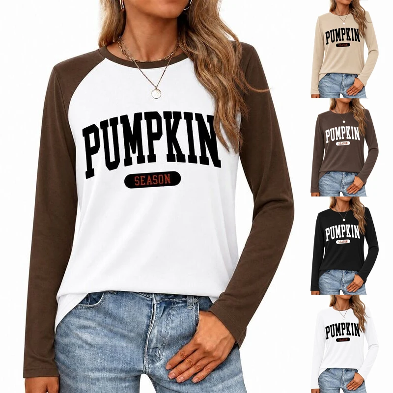 Women Retro Varsity Letter Fall Pumpkin Graphic Tee Casual Long Sleeve Cotton Shirts Vintage Pumpkin Season Thanksgiving Tshirts