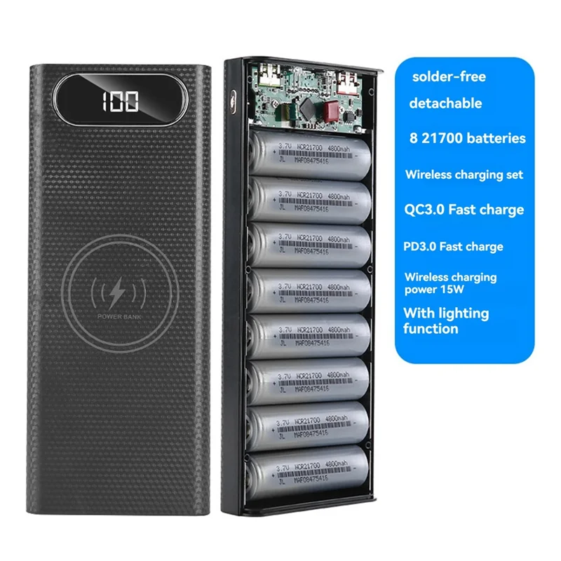 AEE7-Power Bank DIY Shell Fall Batterie Ladegerät Box Mit Beleuchtung Funktion 8X21700 Batterie Shell Lagerung Organisieren