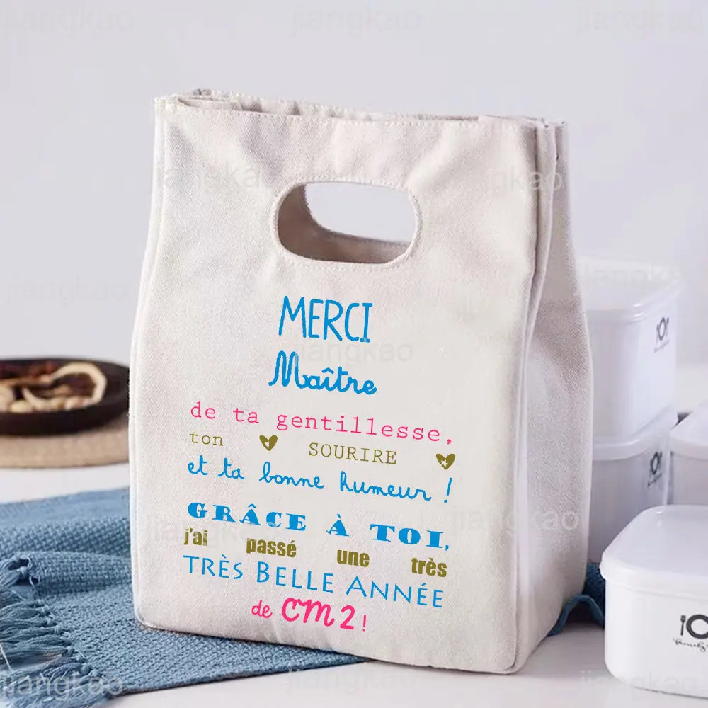 Merci Maitre & Maitresse Print Lunch Bag Thermal Insulated Bento Bags School Food Cooler Storage Bag Teacher Day Graduation Gift