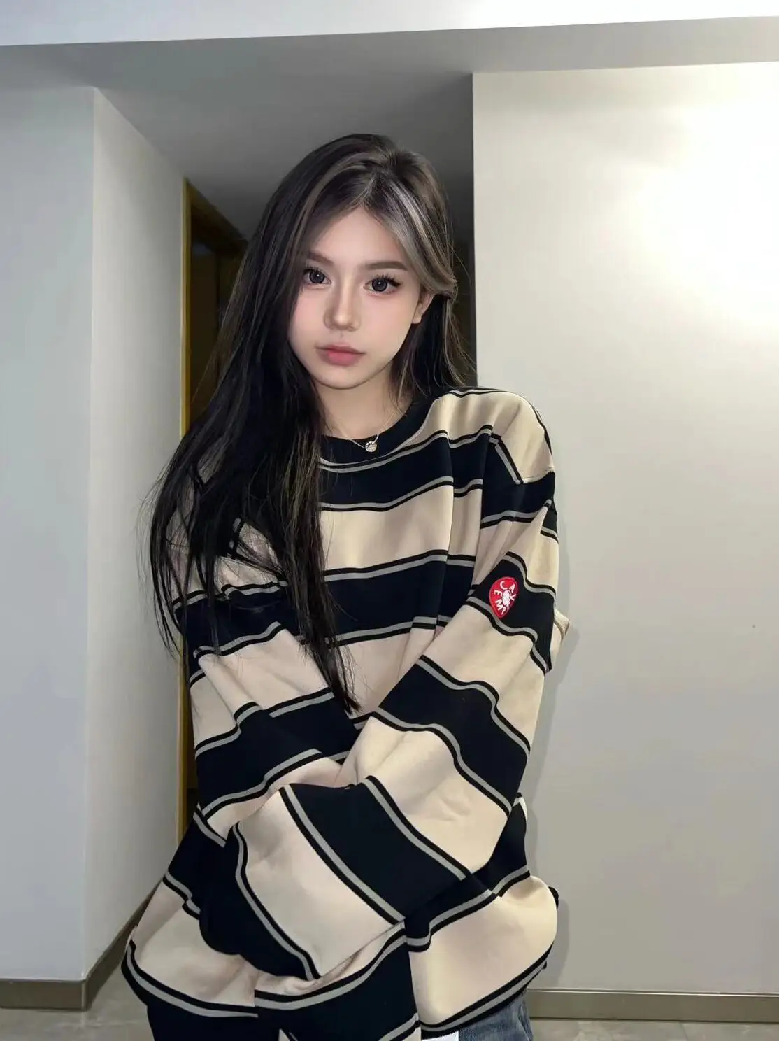 

LIFE CAVEMPT CE Winter New Fce Lined Oversized Couple Hoodie Women's Sle Japanese Sle round Ne Stripe Patterned Swea...
