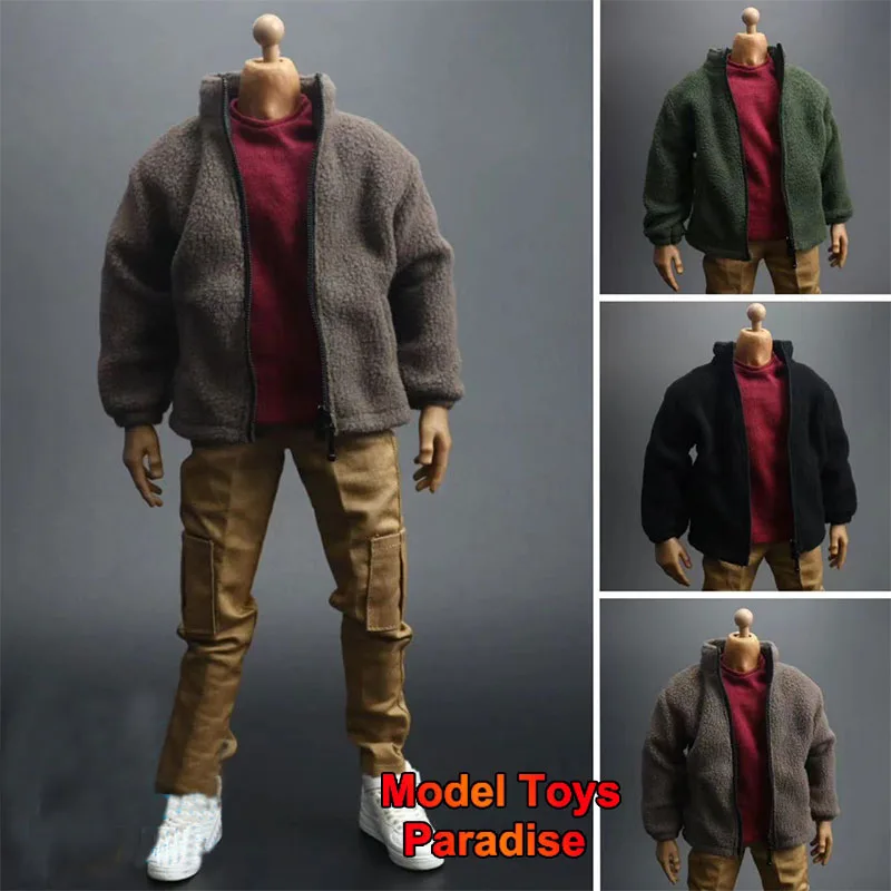 

3 Colors 1/6 Male Soldier Plush Coat Streetwear Harajuku Zipper Solid Color Stand Collar Jacket Fit 12inch Action Figure Body