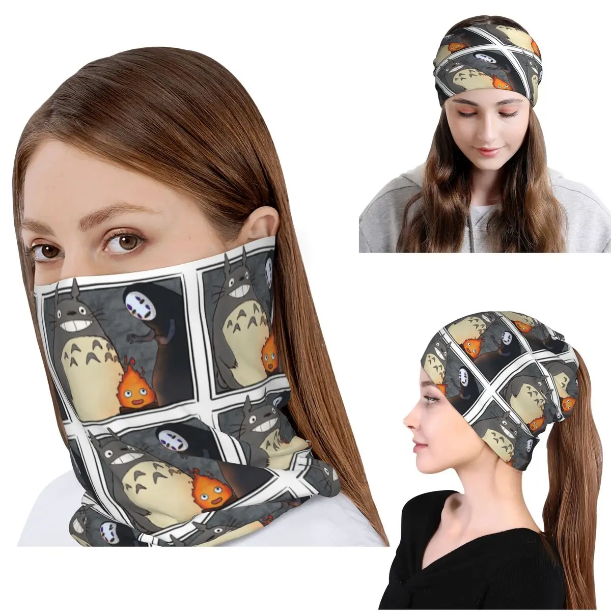 

Three Ghibli Friends Bandana Neck Gaiter Wrap Scarf Multi-use Headband Beanies Hat for Men Women Adult Windproof