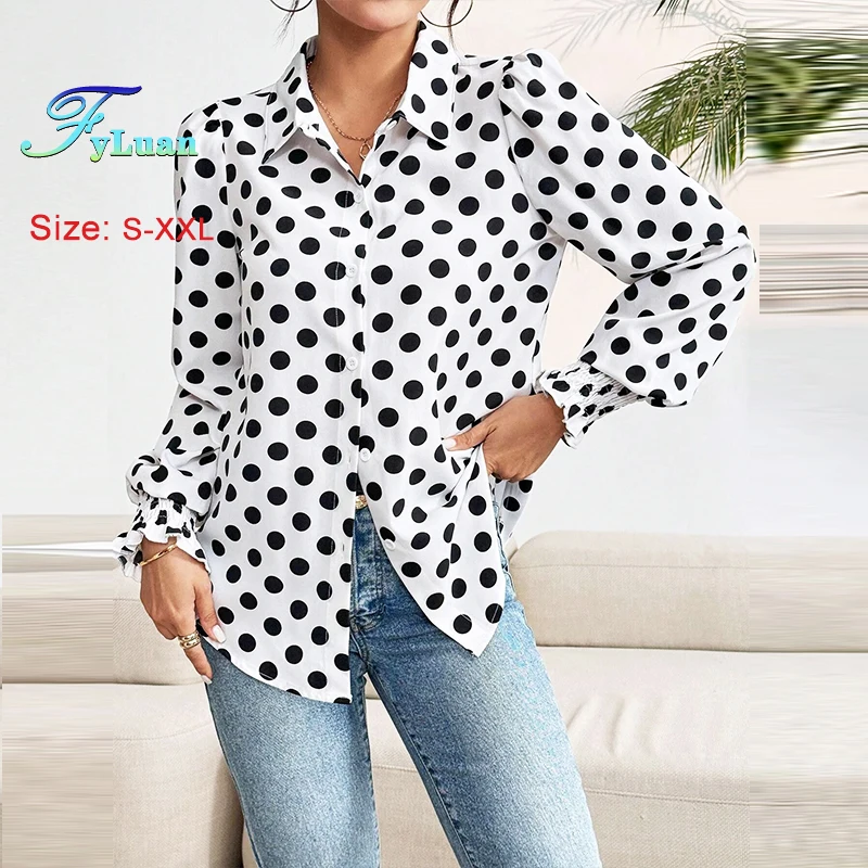 

2025 New Elegant Women‘s Shirt Simple Black Round Dot Printing Turn Down Collar Shirt Casual Long Sleeve One-Breasted Female Top