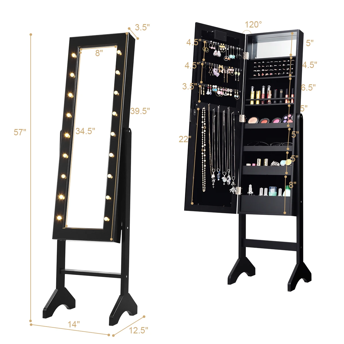 Free Standing Mirrored Jewelry Cabinet Armoire Organizer w/ 18 LED Lights Black