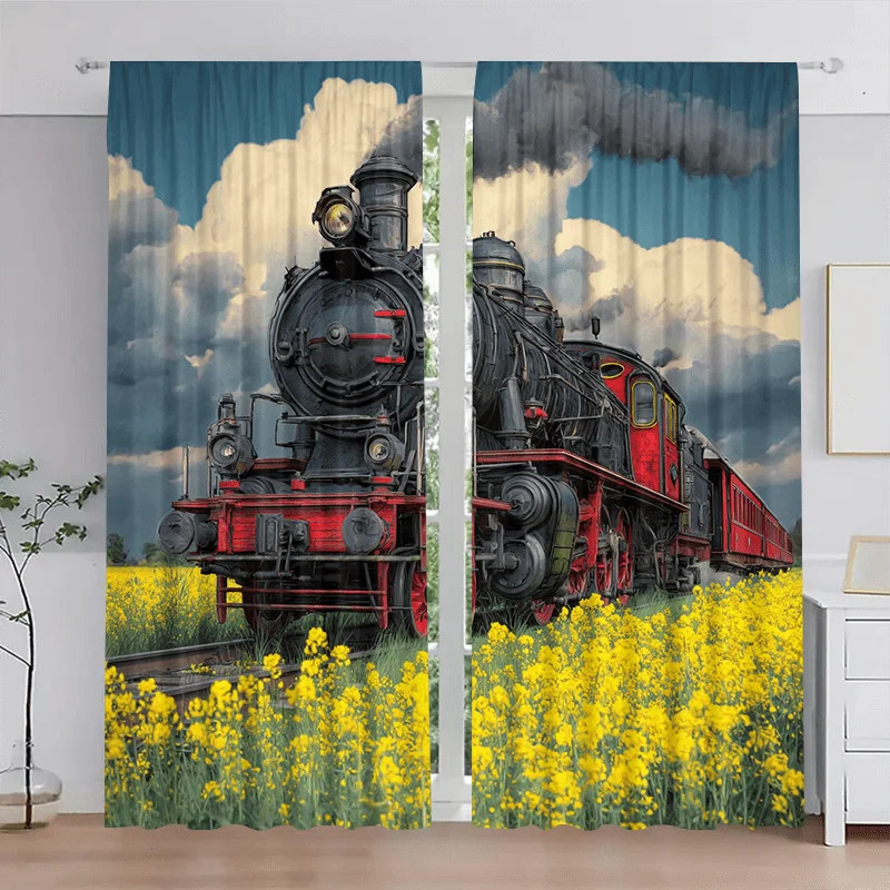 2pcs set, polyester fiber material high-definition digital steam train print blackout curtains, suitable for bedroom, living
