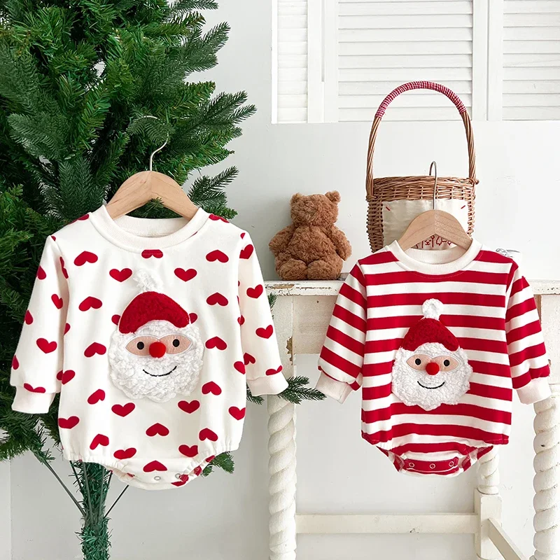 Christmas Girls Jumpsuit Baby Sweater Santa Clause Long Sleeve Rompers Heart Red White Striped Kids Children Sweatshirt Clothing