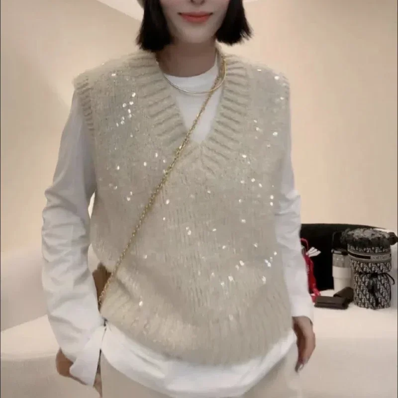 

Sweater Vest Women High Street Casual Thread Sequined Patchwork Pullover Spring Autumn New Solid Color V-neck Sleeveless Fashion