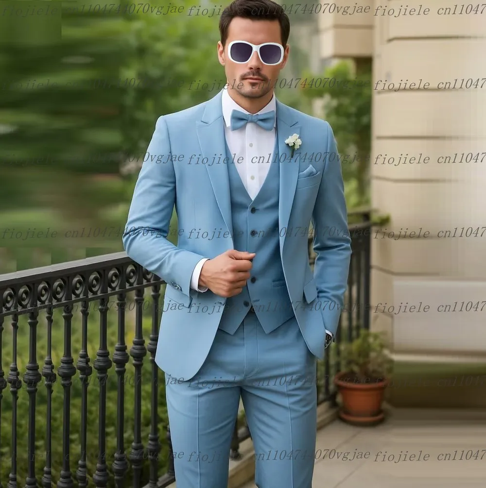 

Sky Blue Men Suit Formal Wedding Party Groom Groomsman Business Male Tuxedos Customized 3 Piece Set Jacket Vest Pants