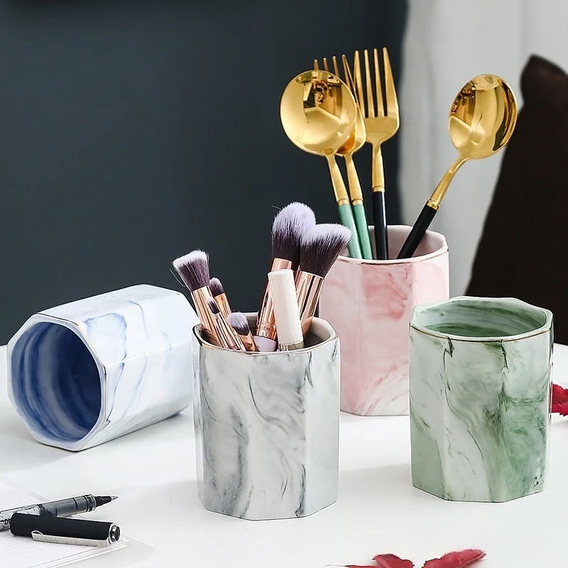 

Marble Style Ceramic Storage Bucket Can Hold Tableware Makeup Brushes Toiletries Stationery Suitable for Home and Office Storage