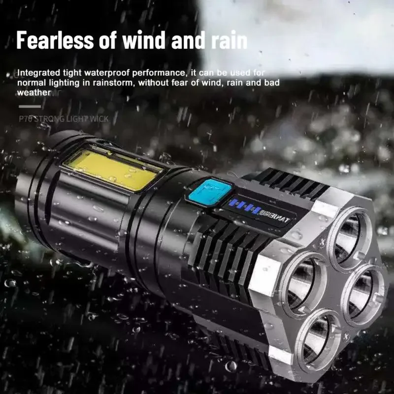 4Core LED Flashlight COB Strong Side Light Outdoor Portable Home Torch USB Rechargeable Flashlight Lantern With Power Display