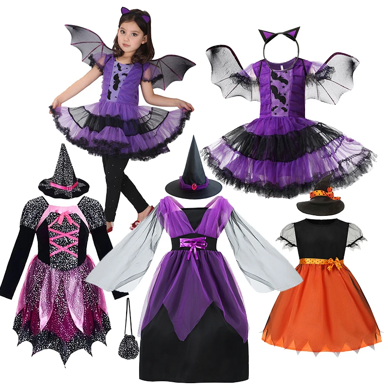 

Girls Purple Witch Dress + Hat Kids Halloween Costume Children Birthday Party Dress Mesh Witch Fancy Dress Magic Witch Costume