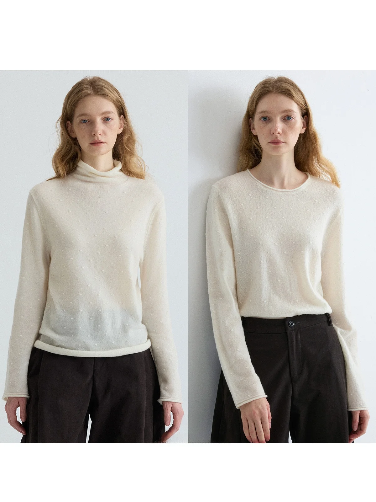 

Skin-friendly Wool Blend Knitwear Color Polka Dot High Collar Cuffed Base Layer Women's Loose Fit Long Sleeve Top