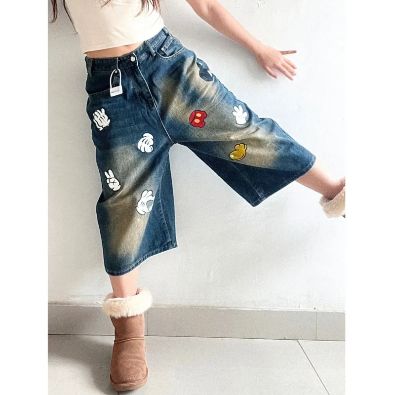 Disney Mickey Mouse Wide Jeans High Waist Cartoon Capri Trousers Casual Streetwear Calf-Length Pants Women Vintage Denim Pants