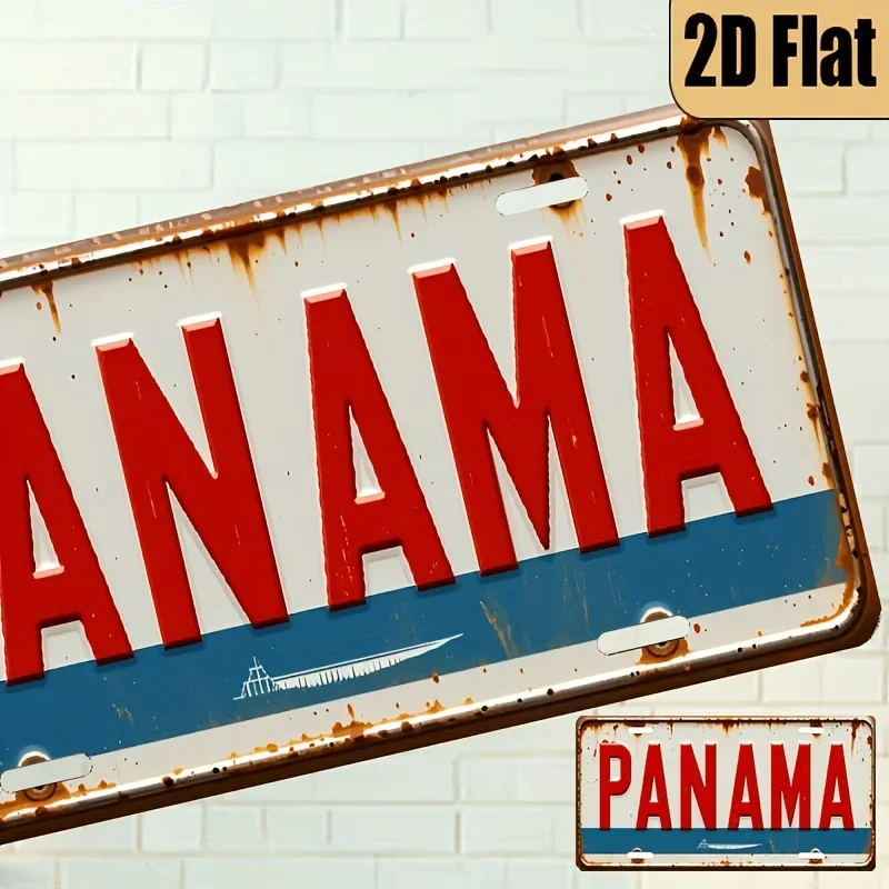Vintage Country Travel Aluminum License Plate Sign, Panama Canal Pattern 2D Flat Printing Wall Decor Souvenir