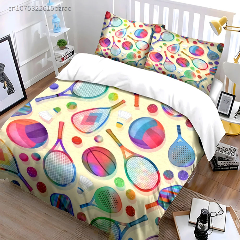 Sports Enthusiast Fun Set Colorful Assortment Of Rackets And balls,kid's And adults' Bedroom Exquisite 3PC Bedding set, Gift