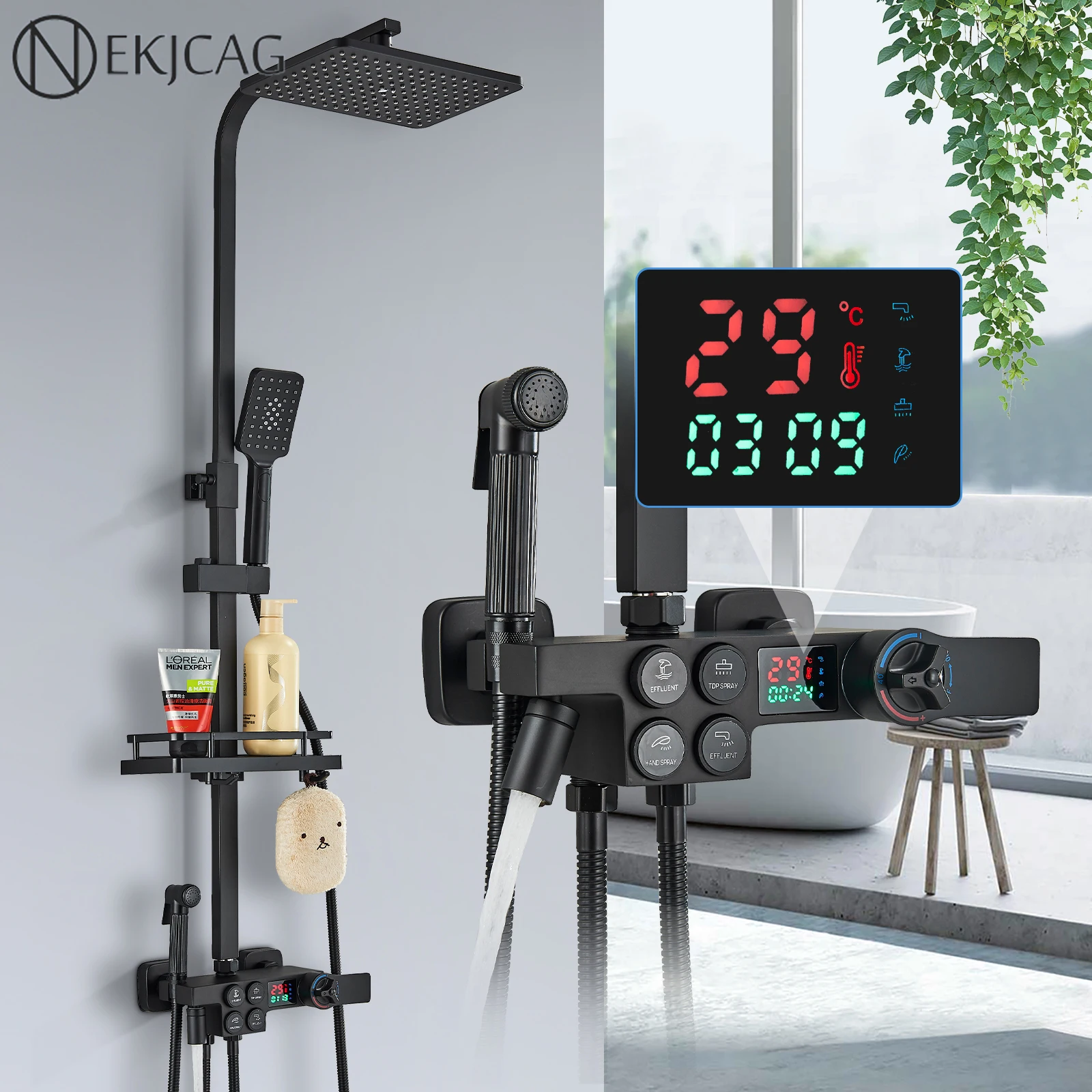 Black/Chrome Thermostatic Digital Display Shower Faucet Set For Bathroom,Rain Shower Column,Wall Mount Shower Tap Bathtub Crane