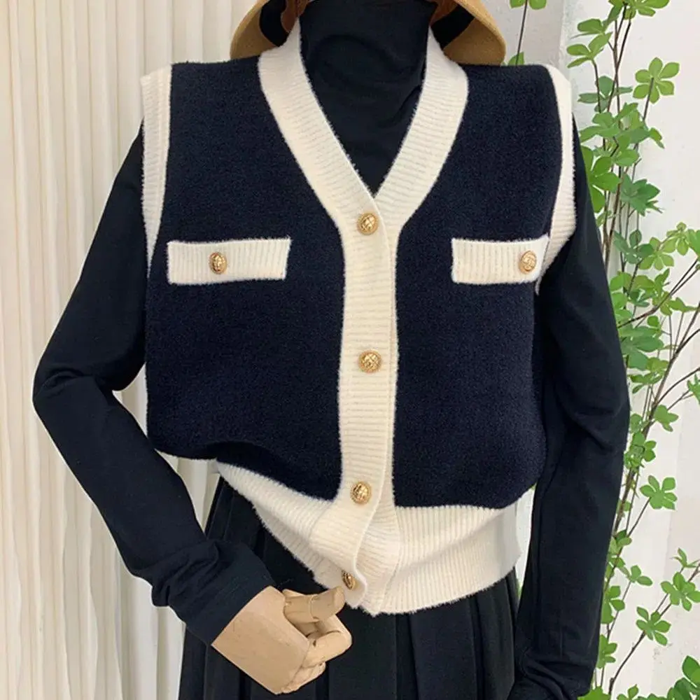 Autumn Winter All-match Patchwork V-neck Sleeveless Sweater Vest Female Simplicity Buttons Loose Knitting Coat New Fashion Tops