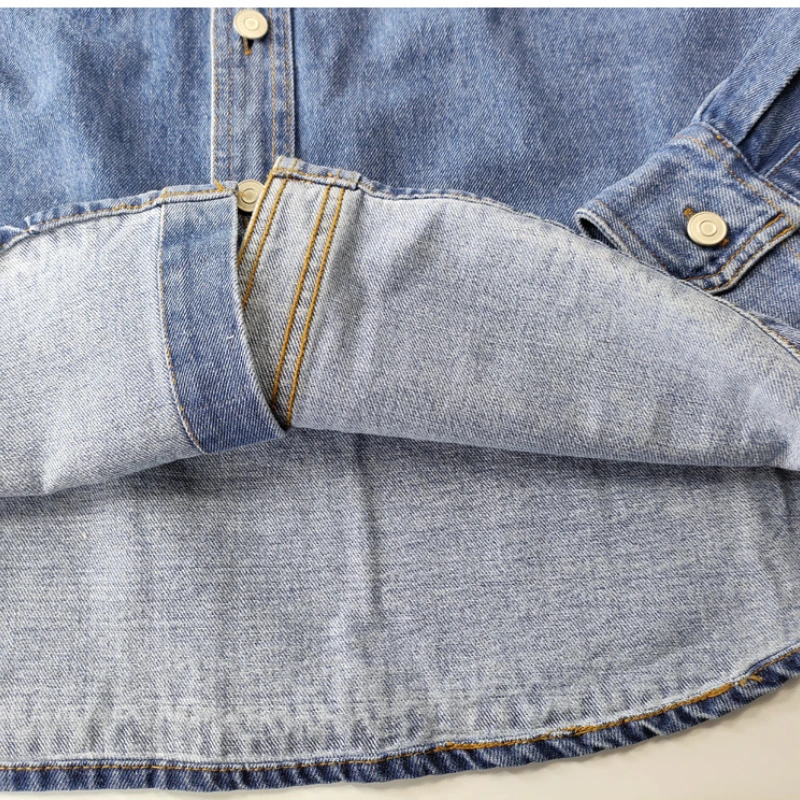 100% bawełna wiosenna i jesienna rozrywka retro kwadratowy kołnierzyk koszula dżinsowa sprany prosty gruby, odporny na zużycie dżinsowy płaszcz z długimi rękawami