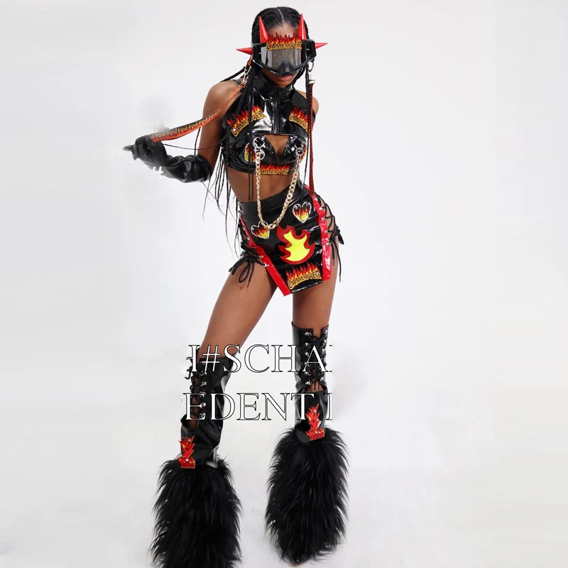 New Sexy Gogo Dance Costume Pole Dance Flame Outfit Women Performance Clothing Bar Nightclub Dj Ds Stage Rave Clothes Set