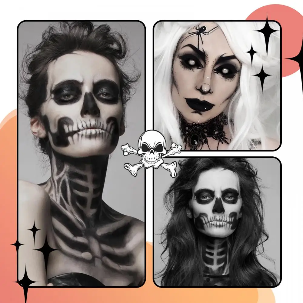 Conjunto de pintura corporal para o Halloween, esqueleto zumbi vampiro, maquiagem facial, preto e branco