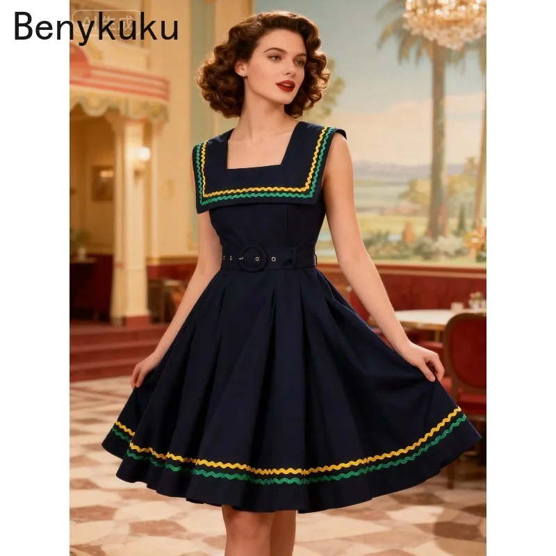 

Contrast Webbing Square Neck French Vintage Swing Dress 2026 Women Summer Hepburn Prom Birthday Party Sleeveless Pleated Dresses