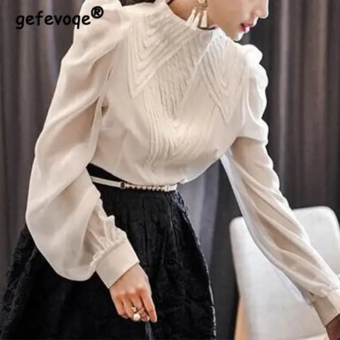 여성용 긴팔 풀오버 블라우스, 오피스 레이디 스탠드 칼라, 우아한 패션 쉬폰 셔츠, 단색, 올매치, 봄 여름