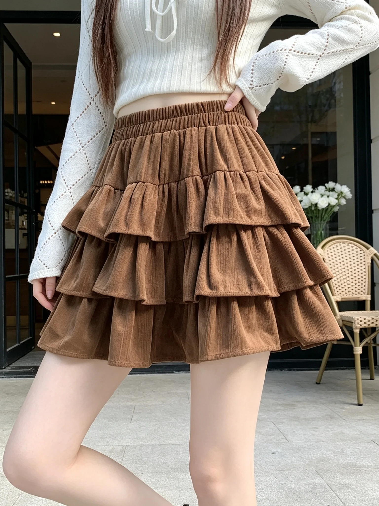 Chic Velvet Cake Short Skirt Women's Autumn 2026 New Brown Coffee A-Line Pleated Fluffy Skirt High Waist Polyester Fiber