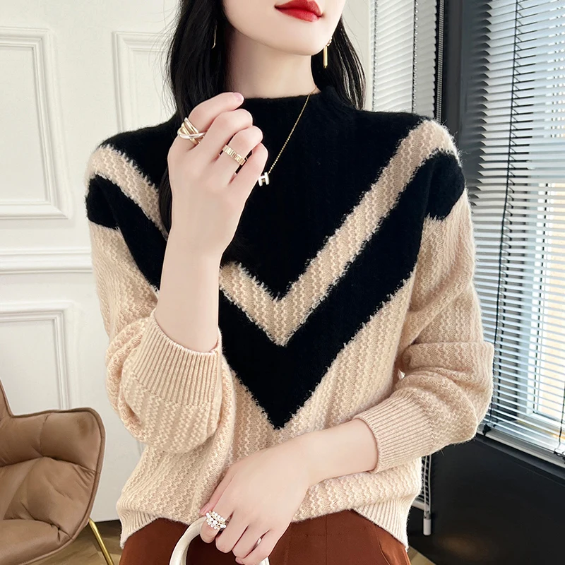 Autumn and Winter New 100% Wool Sweater Women's Casual Color blocked Pullover Loose Knitted Fashionable Soft Cashmere Sweater