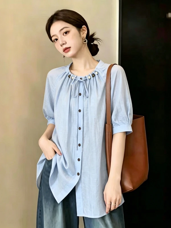 

plus Size Summer Casual Loose Beaded Slimming Meat Covering Short Sleeve Shirt Korean Style round Neck Casual Top for Women
