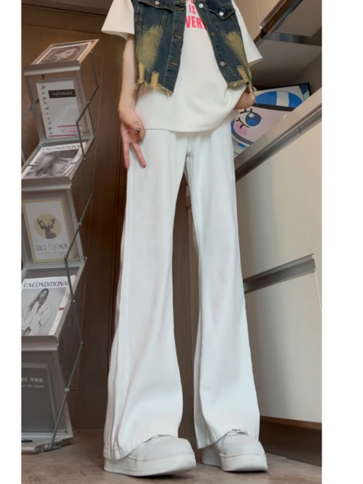 

White Soft Jeans Flared Extended High Waist Men's Autumn Wear Premium Feel Cleanfit Knife Pants Youth Trend Cotton Blend