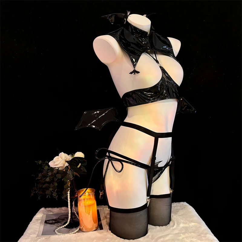 جديد مثير الأصلي هالوين الشيطان الصغير تأثيري ازياء الخفافيش فتاة بيكيني ديسيجن أجنحة الشيطان الجلود Unifrom مغرية الملابس الداخلية #3