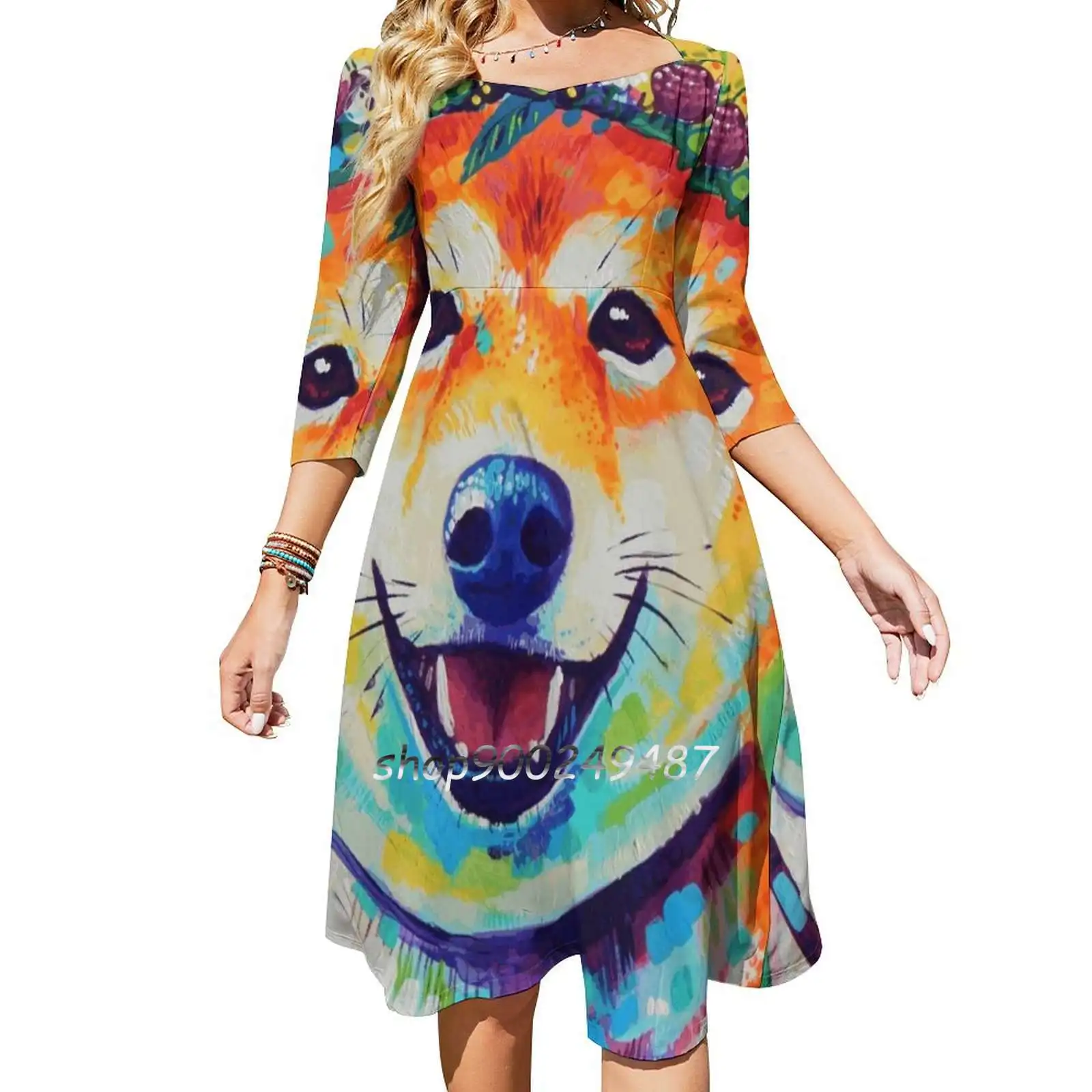 Happy Shiba Women Spring Autumn Long Sleeve Dress Female Casual Dress Shiba Inu Dog Flower Crown Happy Smile Colorful