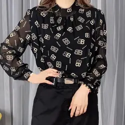 Office Lady Fashion Letter Printed Shirt Spring Autumn Long Sleeve Casual Half High Collar Female Clothing Folds Loose Blouse