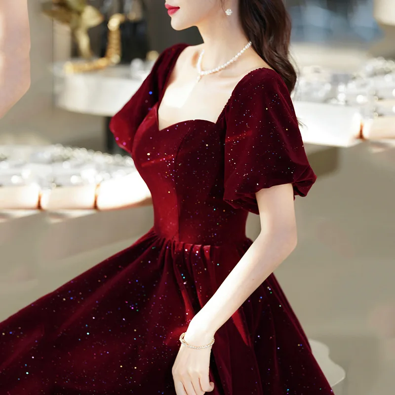 Wine Red Sequins Evening Dress Elegant Square Collar Velvet Princess Puff  Sleeve Off Shoulder Formal Banquet Long Dresses