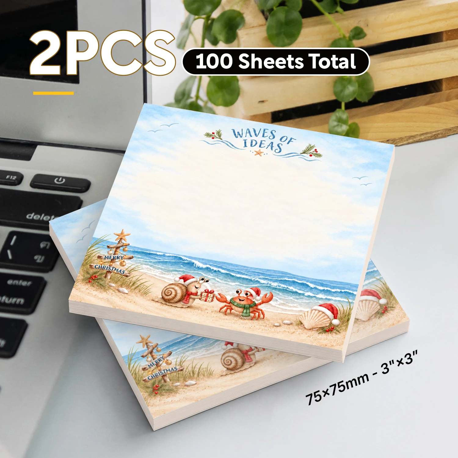 2PCS Beach Christmas Sticky Notes, 100 Sheets Total, Waves of Ideas Memo Pads with Crab, Snail, Seashells, Santa Hats and Ocean