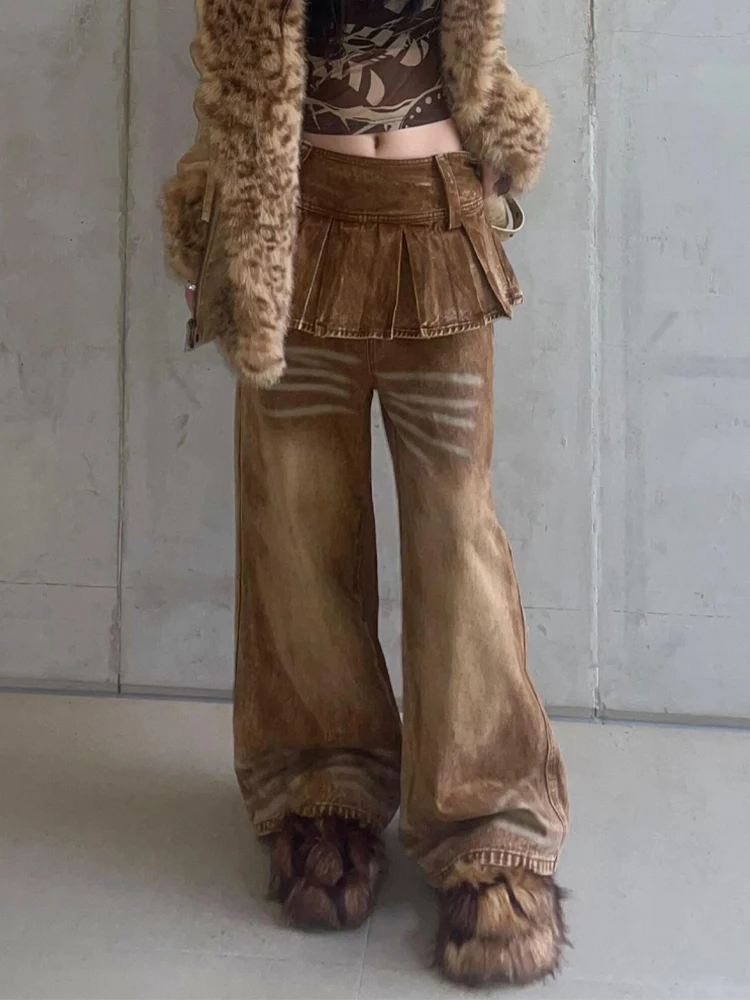 

Ретро-американские модные плиссированные юбка-брюки для женщин, новинка весны, в стиле Spicy Girl, многослойные, для улицы, однотонные, свободного кроя, джинсовые