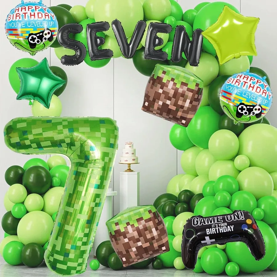 40-дюймовый набор воздушных шаров Green Pixel Miner Number 7, 13 шт., большие воздушные шары из фольги, металлические шары, украшения для тематических вечеринок для видеоигр
