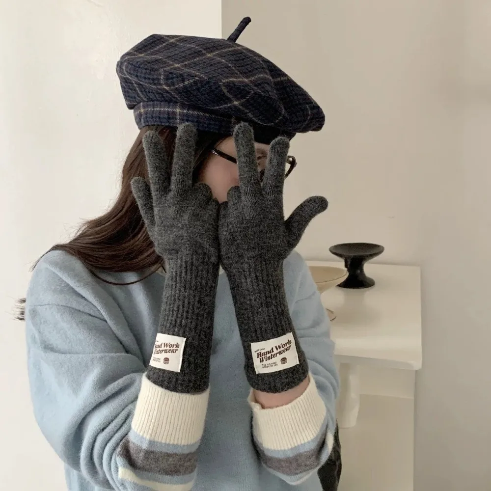Long Solid Color Open Tip Touch Screen Gloves One Size Acrylic Material Winter Knitted Gloves Warm Five Finger Gloves For Women