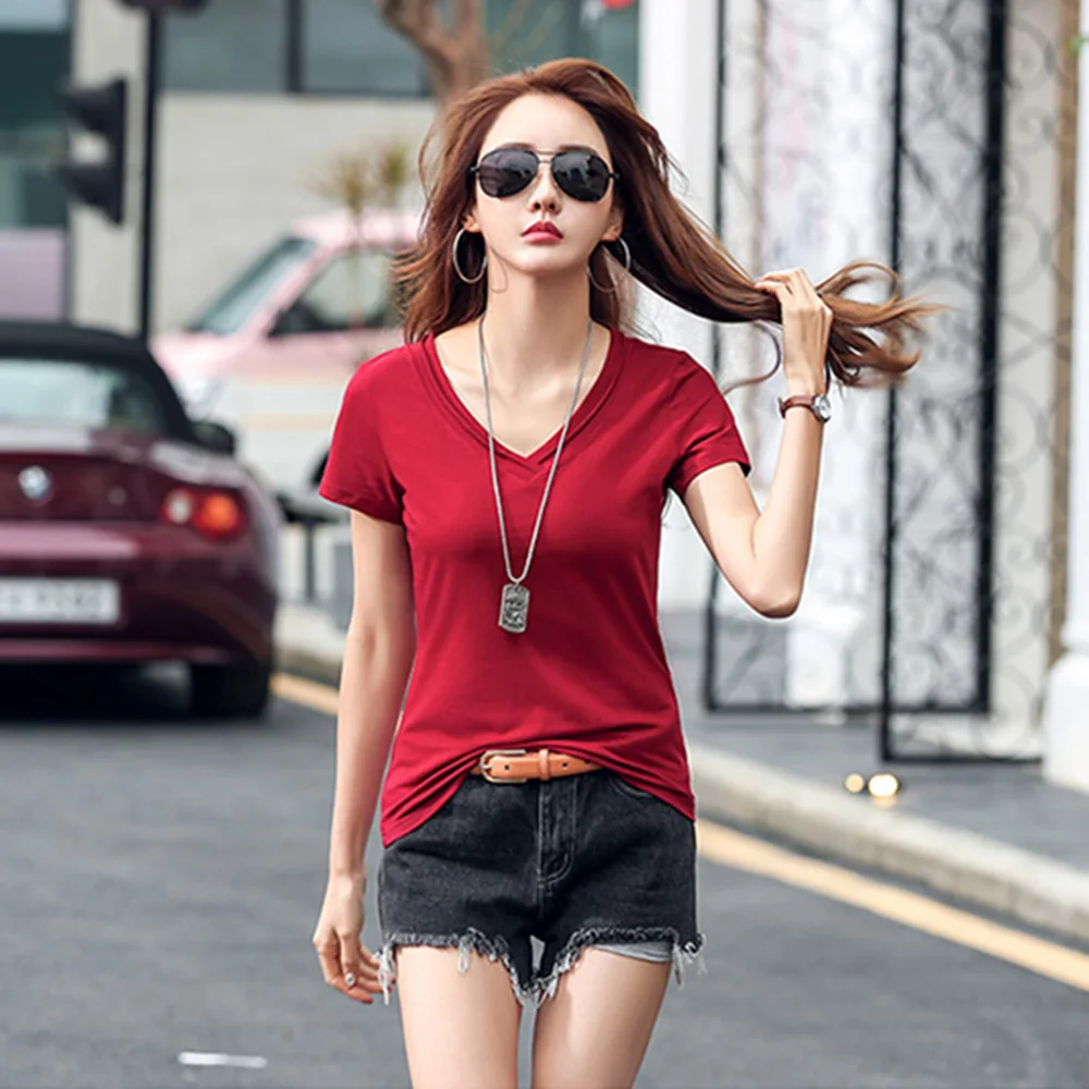 New Women V-Neck T-shirt Summer Fashion Casual Short Sleeve Slim Tees Tops Classic Simplicity Basic Cotton T-shirt Burgundy