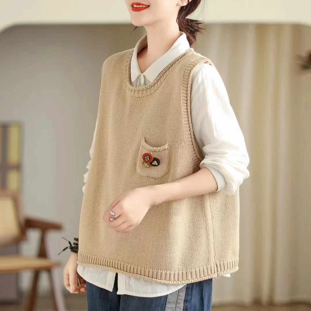 

Loose Cotton Knitted Sweater Women's Pullover Vest round Ne Svel Top Casual Comfortable Large Size Spring Autumn