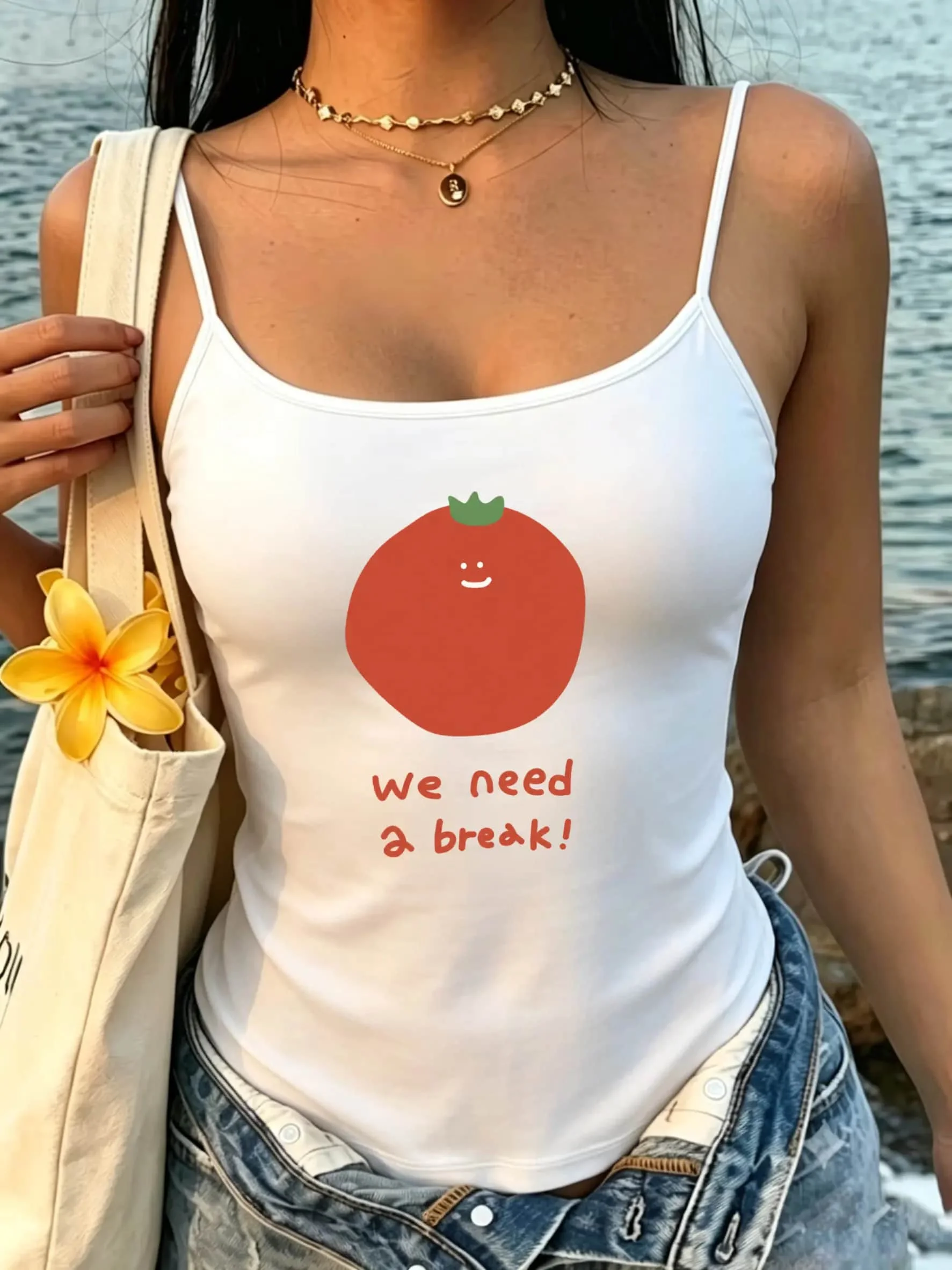Women Vintage Y2K Cute Cartoon Tomato Letter Slogan Spaghetti Strap Sleeveless Beach Urban Street Spring Summer Cami Tank Top